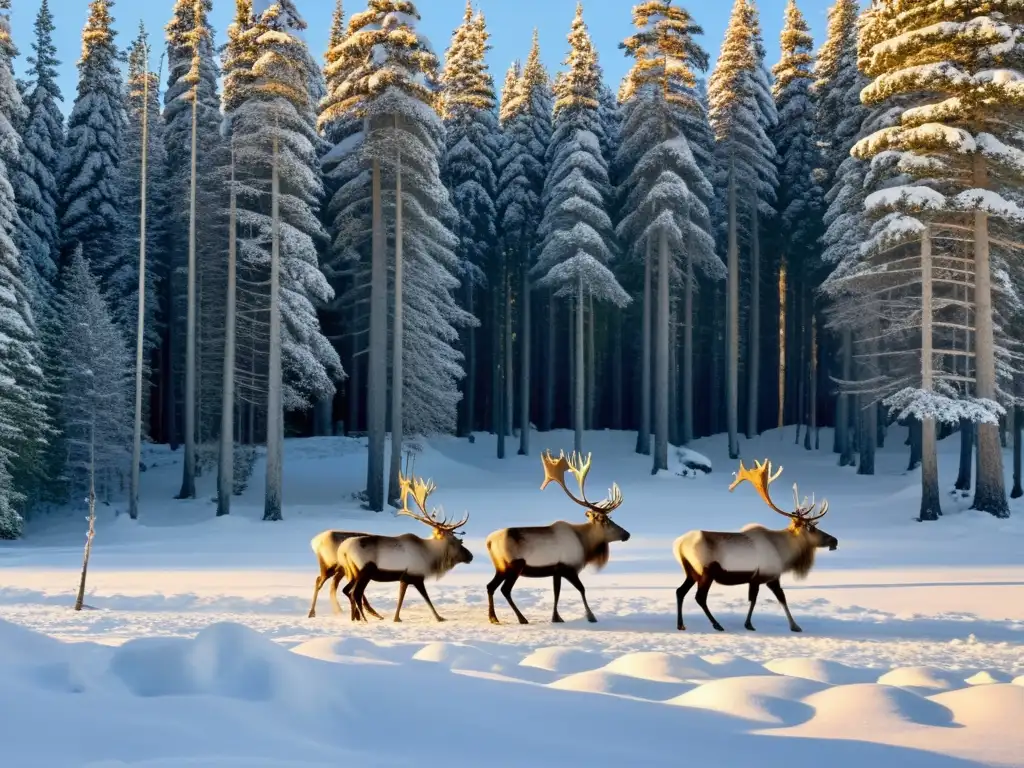 Manada de renos buscando alimento bajo la nieve en la Taiga fría