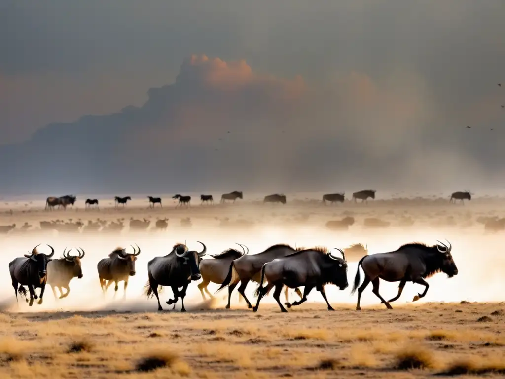 Manada de ñus migrando en la savana, enfrentando el impacto del cambio climático