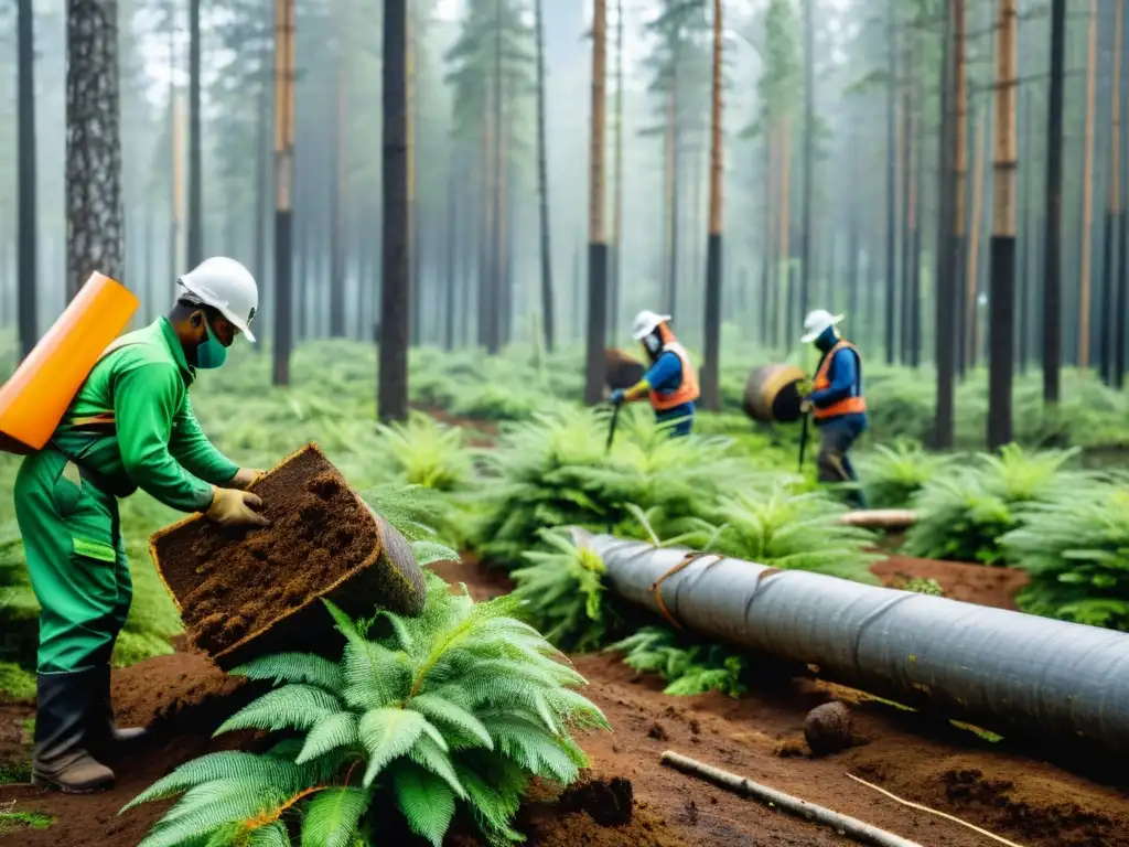 Operación de manejo sostenible de recursos naturales: trabajadores realizando la cosecha selectiva de árboles con tecnología avanzada y cuidado ambiental