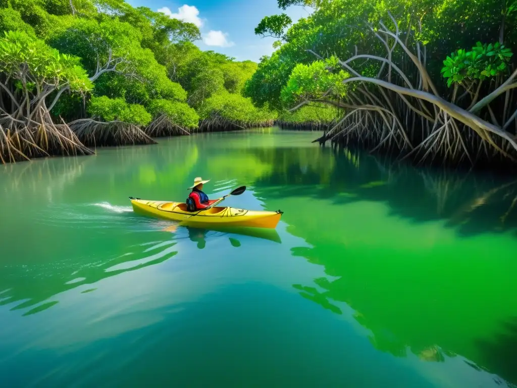 Explorando en kayak ecológico los manglares, una escena tranquila y consciente de la naturaleza