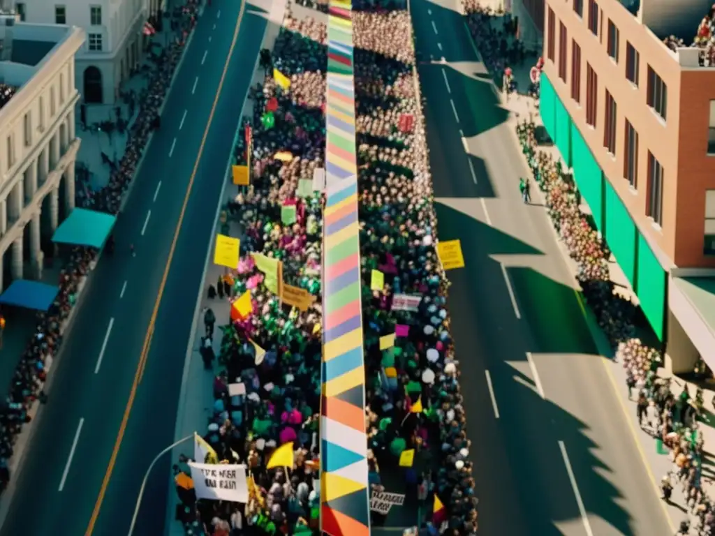 Manifestación masiva en la ciudad con pancartas coloridas promoviendo el activismo ambiental, destacando el impacto del cine en la conciencia social sobre películas de activismo ambiental