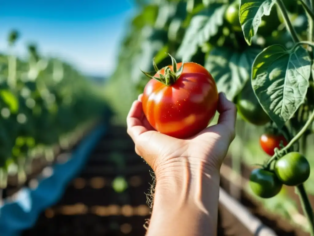 Mano de agricultor sosteniendo tomate orgánico recién cosechado, con texturas detalladas y gotas de agua