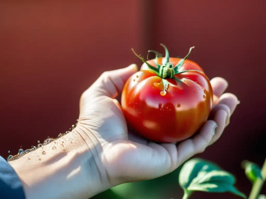 La mano del agricultor sujeta un tomate orgánico recién recogido, con detalles nítidos y colores vibrantes