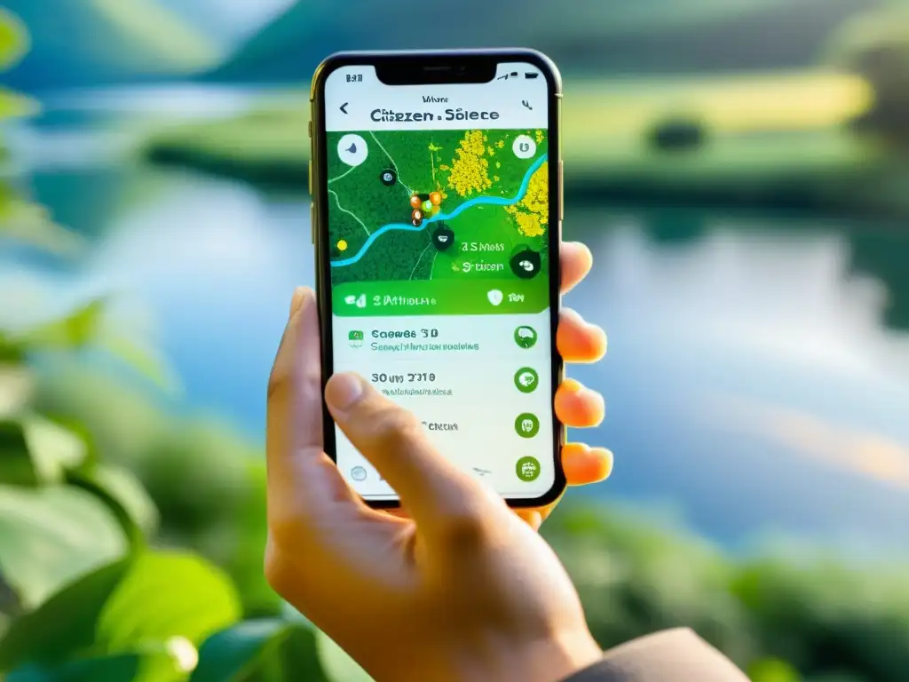 Mano utilizando una aplicación móvil de monitoreo de biodiversidad ciudadano con mapas e información de especies, integrando tecnología y naturaleza