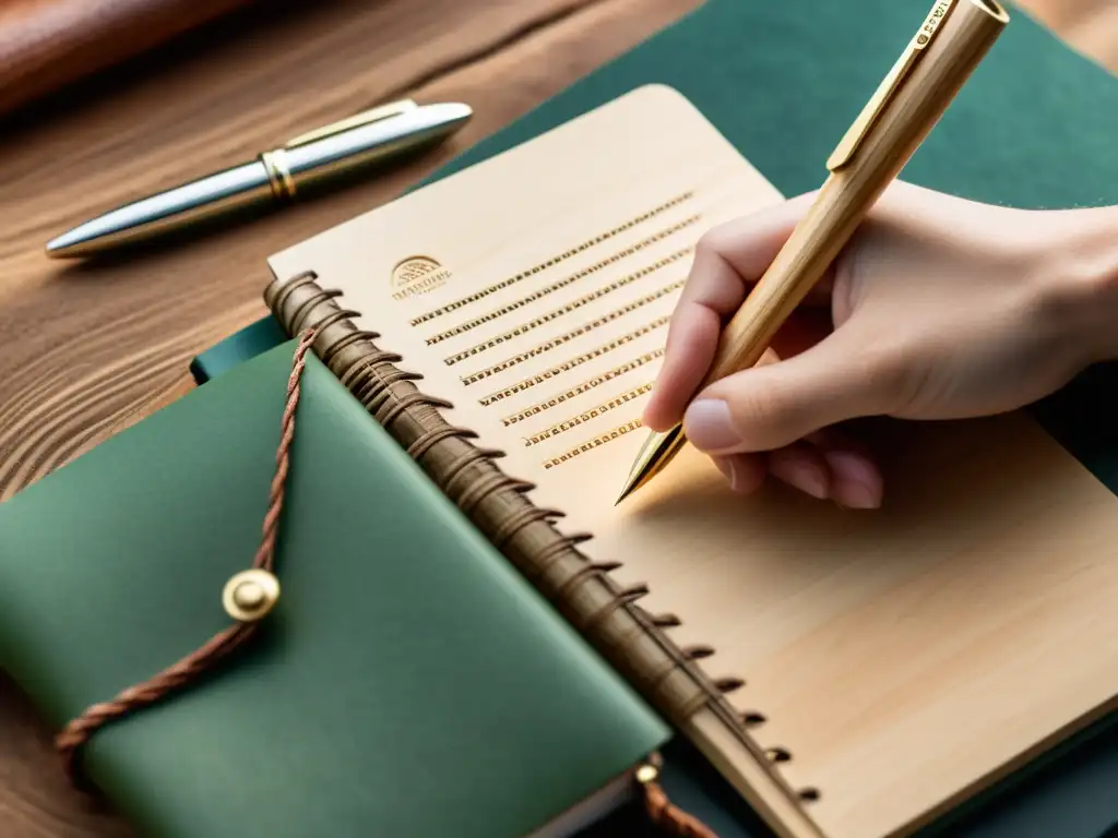 Una mano sostiene un bolígrafo de madera ecológica junto a una libreta artesanal rústica