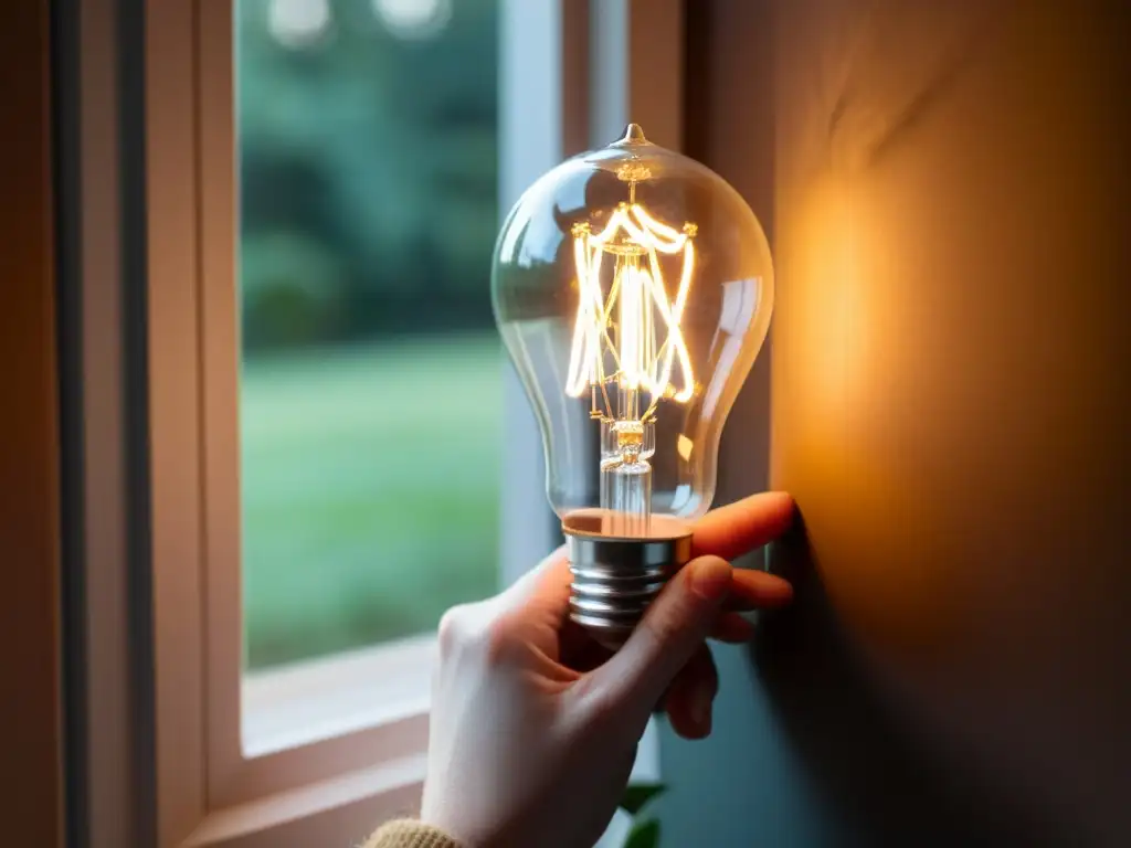 Mano atornillando una bombilla LED vintage, mostrando detalles intrincados y una cálida luz