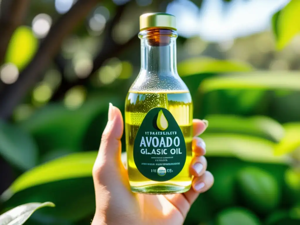 Mano sostiene botella de aceite de aguacate verde en bosque, resaltando pureza y ecoconciencia