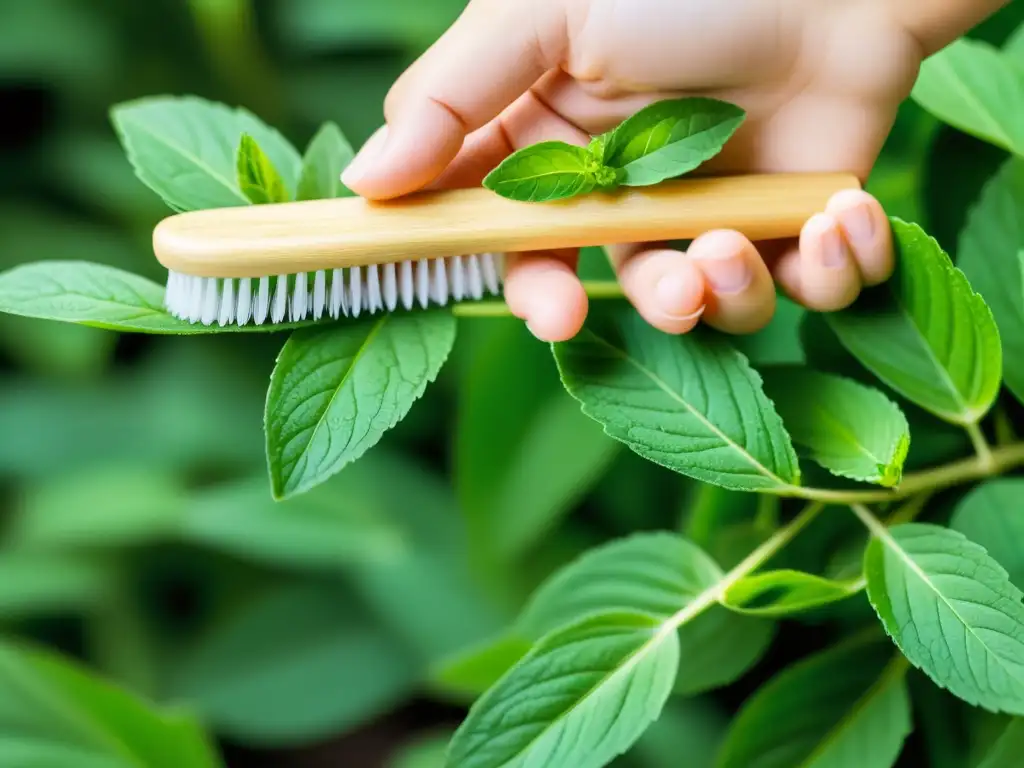 Una mano sostiene un cepillo de dientes de bambú junto a hojas de menta fresca