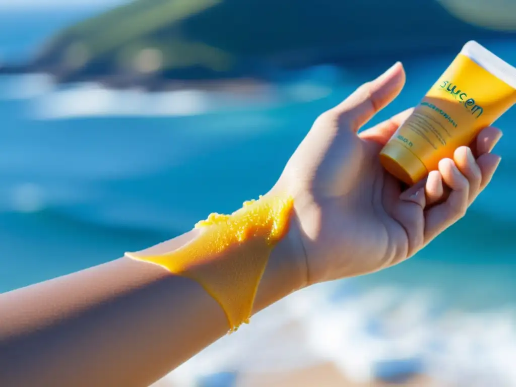 Una mano aplica crema solar respetuosa en la piel frente al océano, transmitiendo cuidado solar responsable y protección de los océanos