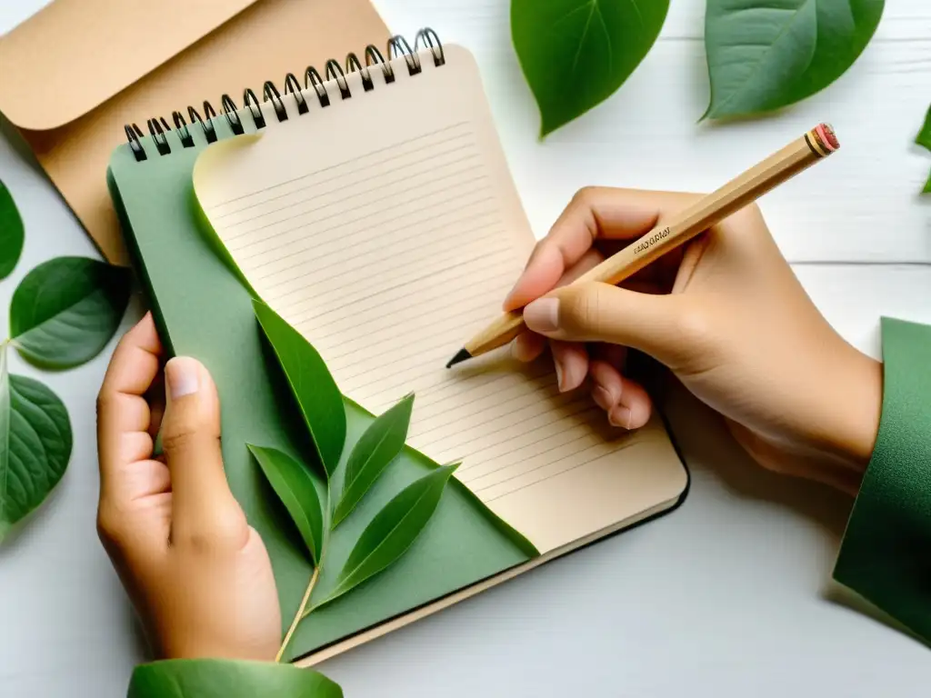 Mano sosteniendo cuaderno ecológico entre vegetación, listo para aventuras