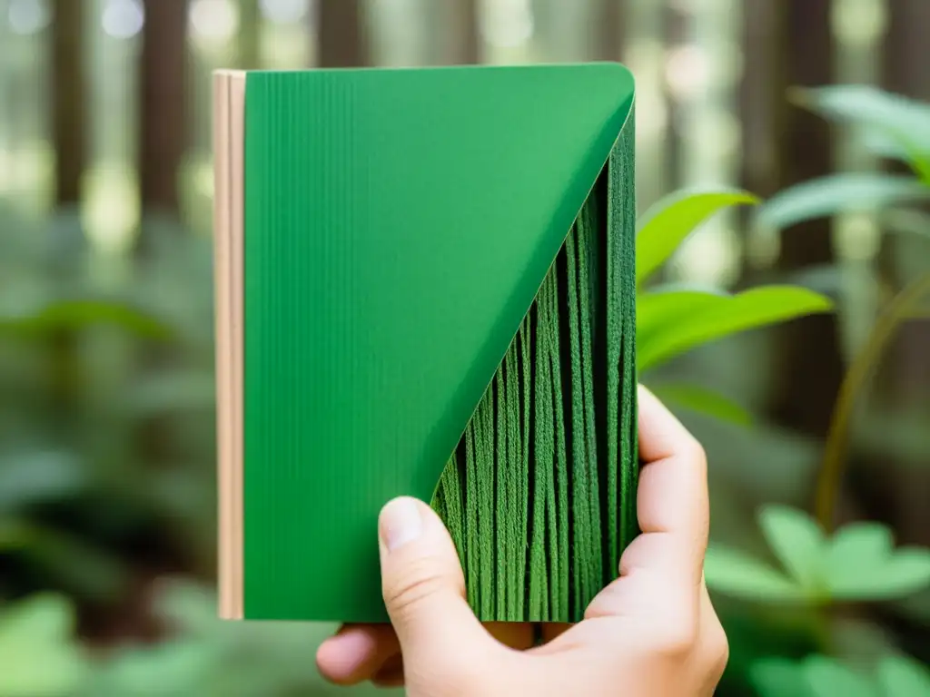 Mano sosteniendo cuaderno ecológico en bosque: material de escritura ecológico para aventuras