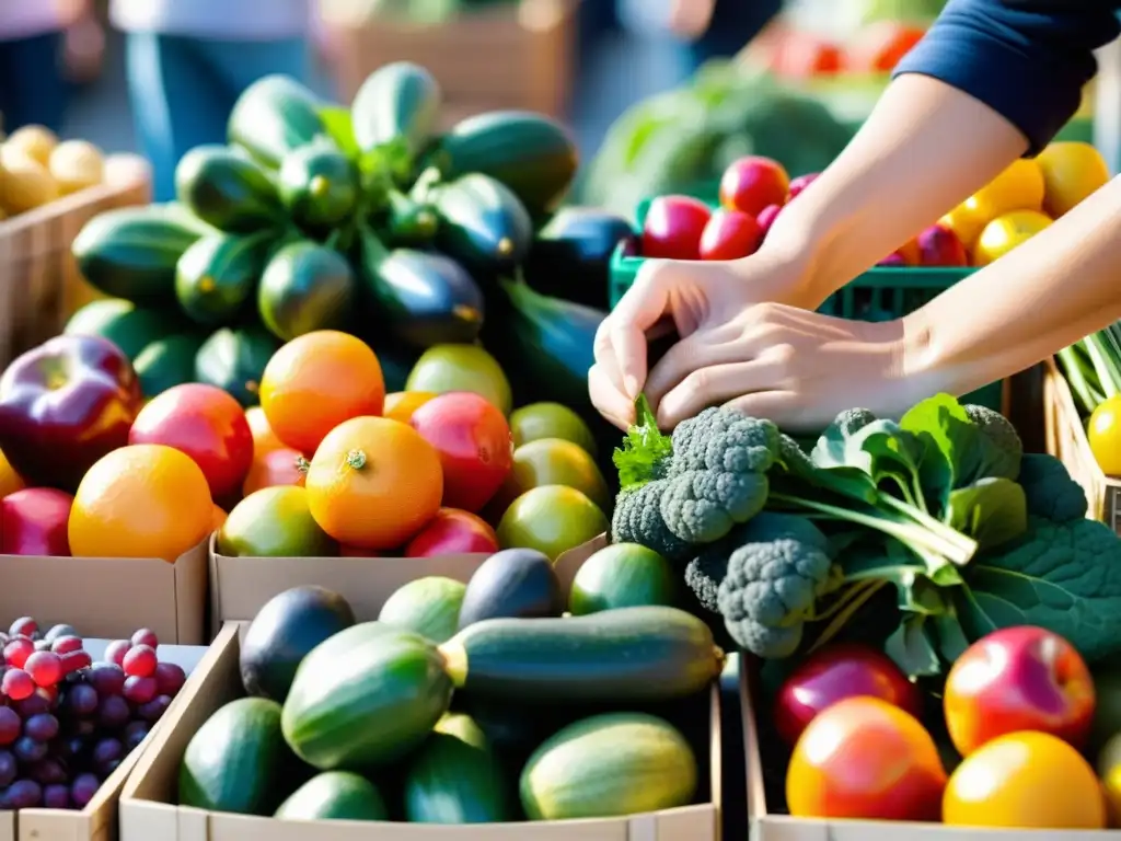 Una mano selecciona con cuidado frutas y verduras orgánicas en un mercado vibrante