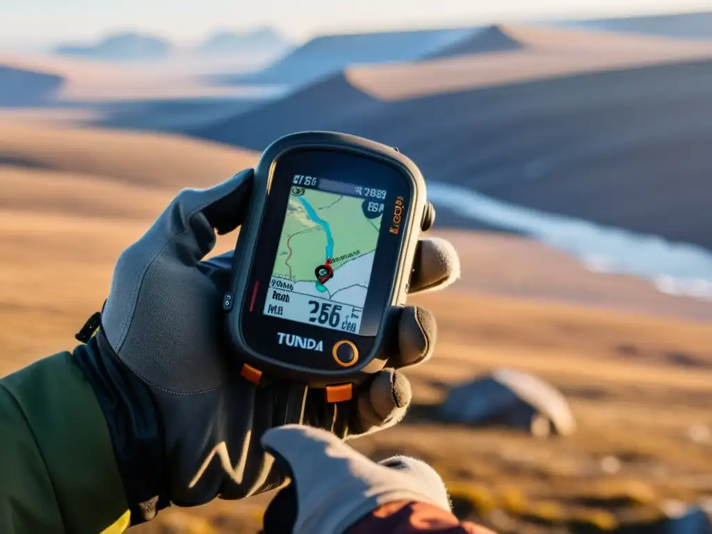 Mano de explorador sostiene GPS para explorar ecosistemas tundra, con paisaje vasto al fondo al atardecer