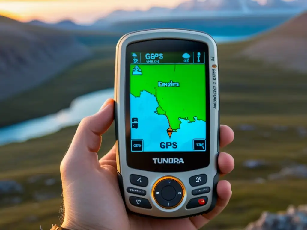 Mano de explorador sostiene GPS para explorar ecosistemas tundra, con terreno y waypoints en pantalla, en paisaje remoto