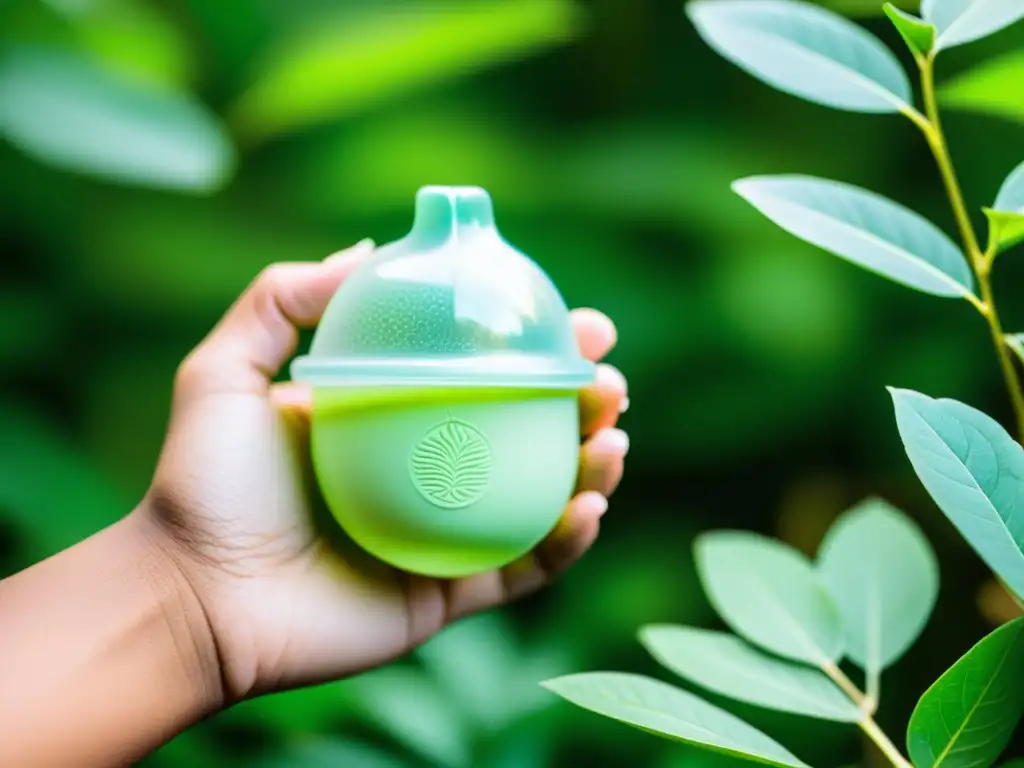 Una mano femenina sostiene una copa menstrual biodegradable rodeada de vegetación