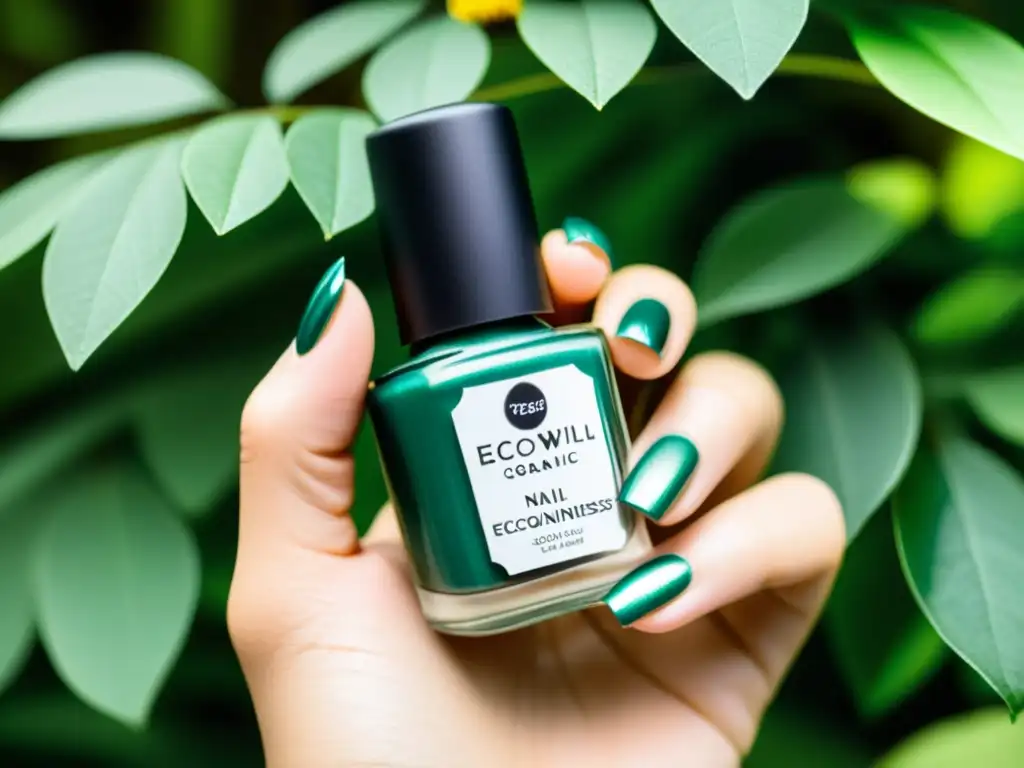 Una mano femenina sostiene con elegancia un frasco de esmalte de uñas ecológico, resaltando la marca ecológica para manicura sostenible