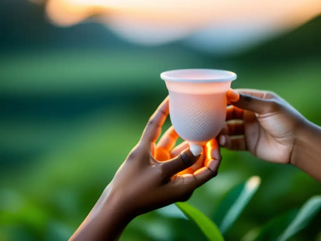 Una mano femenina sostiene una copa menstrual sostenible, resaltando su textura ecológica con luz natural