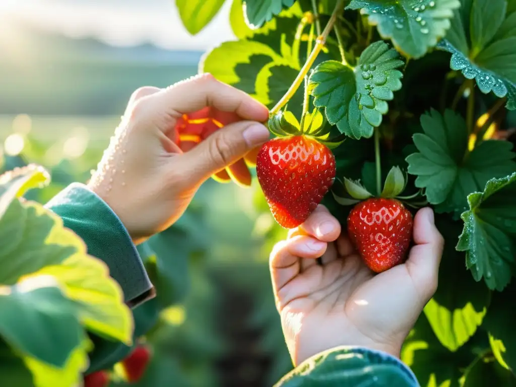 Mano recogiendo fresas rojas en campo verde