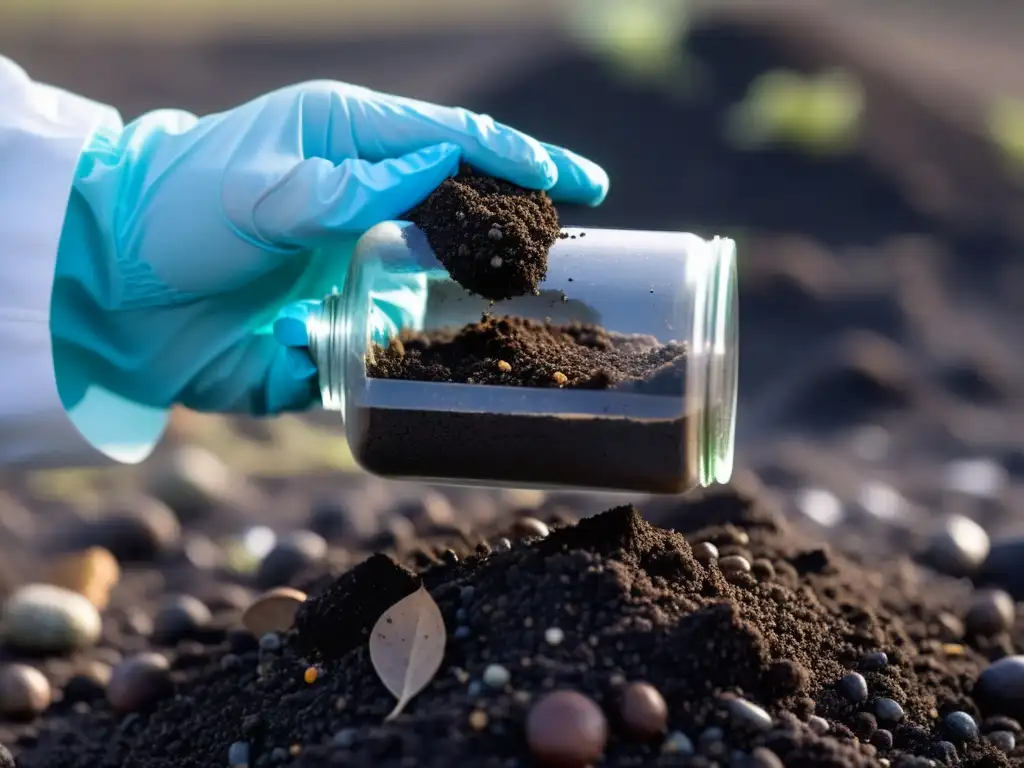 Una mano con guante sostiene un frasco de suelo contaminado