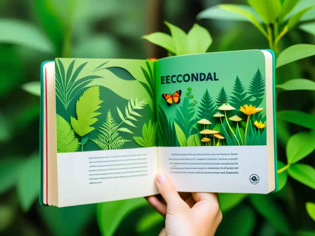 Mano sosteniendo guía ecoamigable de ecosistemas en papel reciclado, envuelta en vegetación exuberante y detalladas ilustraciones naturales