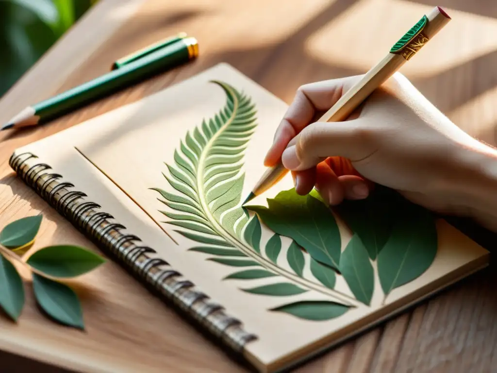 Mano sosteniendo un lápiz de madera ecológico sobre cuaderno en blanco, en entorno natural