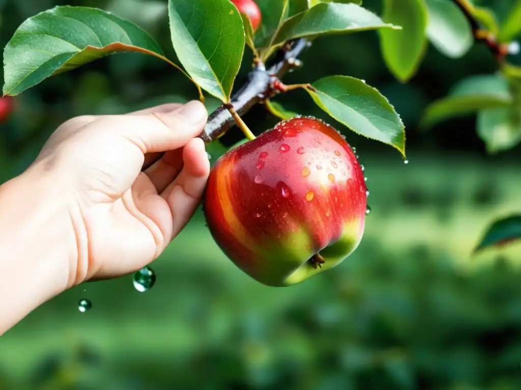 Una mano alcanza una manzana orgánica madura en un árbol, resaltando los beneficios de los productos orgánicos para la salud