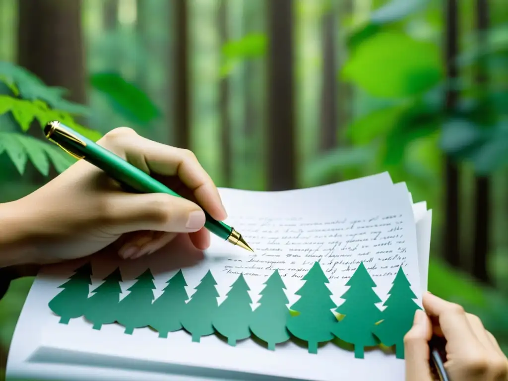 Mano escribiendo con pluma ecológica, fondo de bosque verde