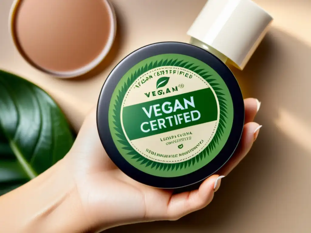 Una mano sostiene un producto cosmético con certificación vegana y detalles naturales, transmitiendo pureza y ecoamigabilidad