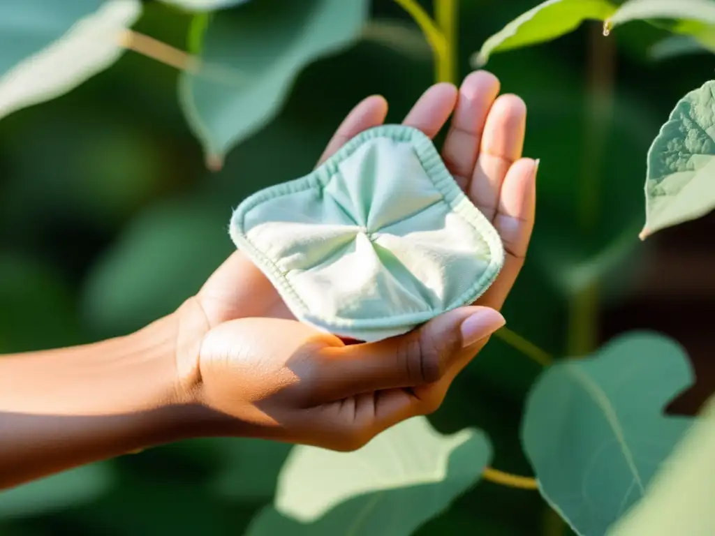 Una mano sostiene un protector menstrual de algodón orgánico, iluminado por la luz solar