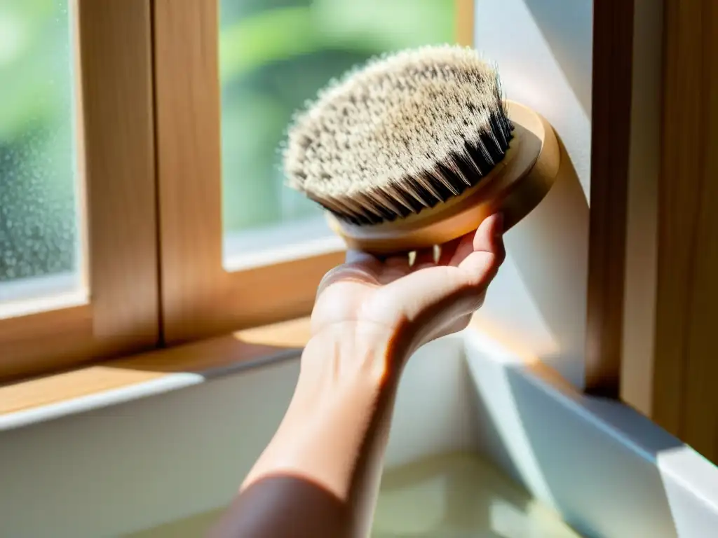 Mano suave usando un cepillo de cerdas naturales, iluminada por la luz de la mañana en un baño