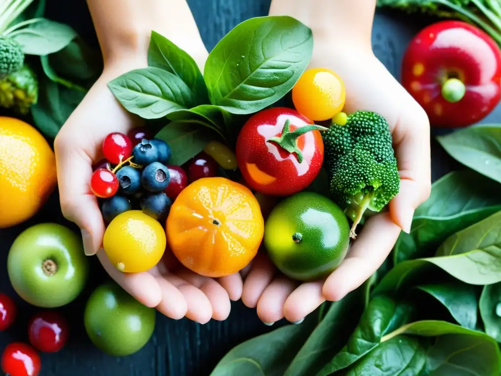 Mano sosteniendo una variedad de frutas y verduras orgánicas, con colores y texturas naturales