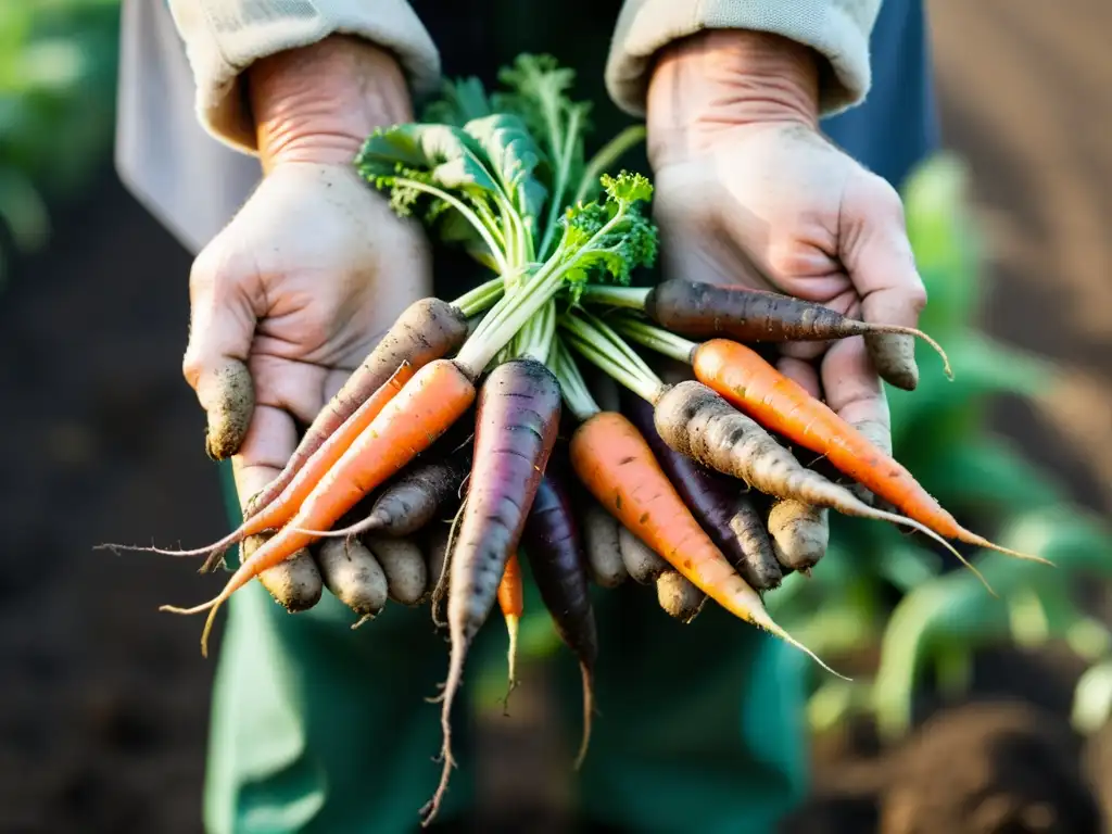 Las manos del agricultor sostienen con cuidado zanahorias orgánicas recién cosechadas, transmitiendo autenticidad y conexión con la tierra