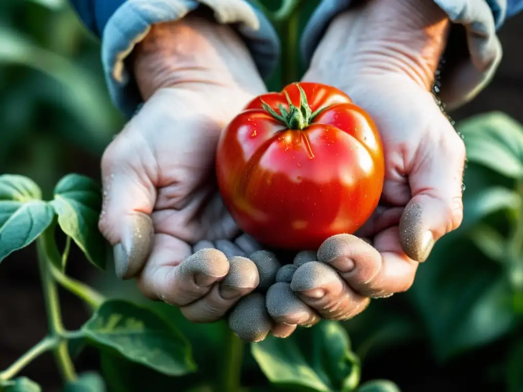 Manos de agricultor sostienen tomate fresco, iluminadas por la luz matutina entre cultivos verdes