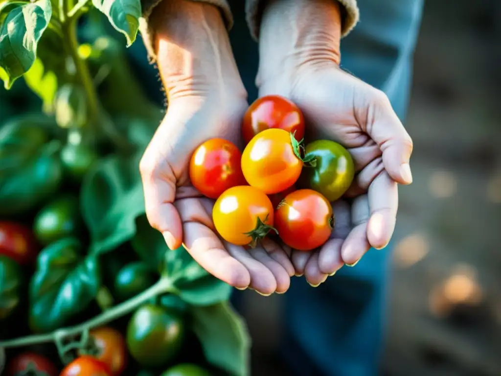 Manos del agricultor acariciando tomate, luz y sombra en cosecha Manos de agricultor cuidando tomate orgánico, con luz natural y cultivo sostenible