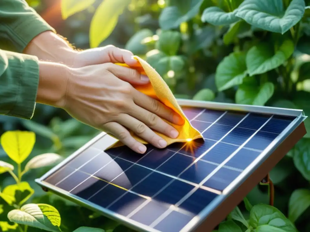 Manos limpiando con cuidado un panel solar en un jardín ecológico vibrante