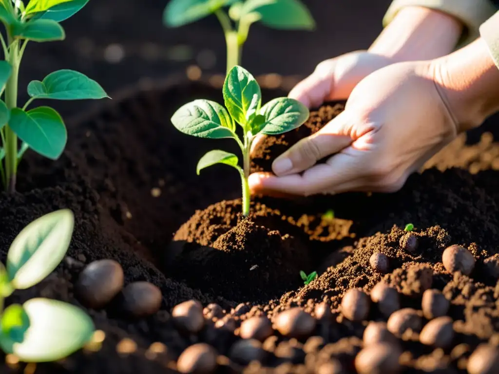 Manos plantando con cuidado una plántula verde en tierra oscura, transmitiendo el espíritu de los jardines comestibles orgánicos espacio exterior