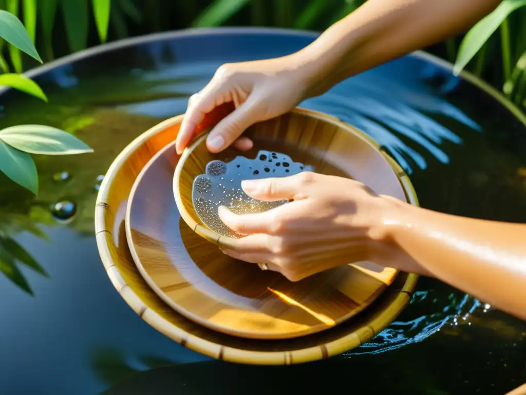 Manos lavando con cuidado vajillas y cuberterías sostenibles para mesa, resaltando la belleza natural de los utensilios ecofriendly