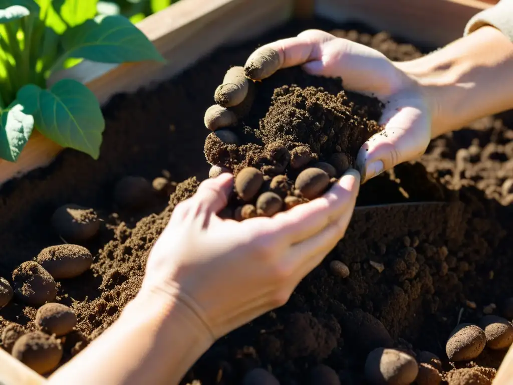 Manos cuidadosas mezclan compost en suelo fértil de un jardín elevado