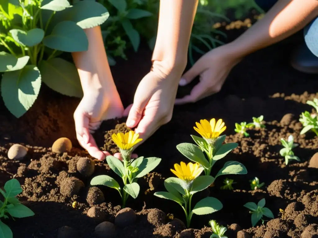 Manos cuidadosas plantan flores silvestres en un exuberante jardín, creando una hermosa restauración de hábitats mediante jardinería