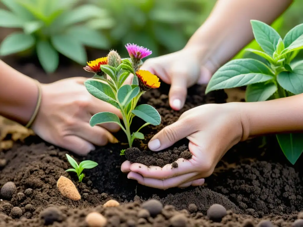 Manos cuidadosas plantando flores nativas en un hábitat degradado, mostrando esperanza y conexión con la naturaleza