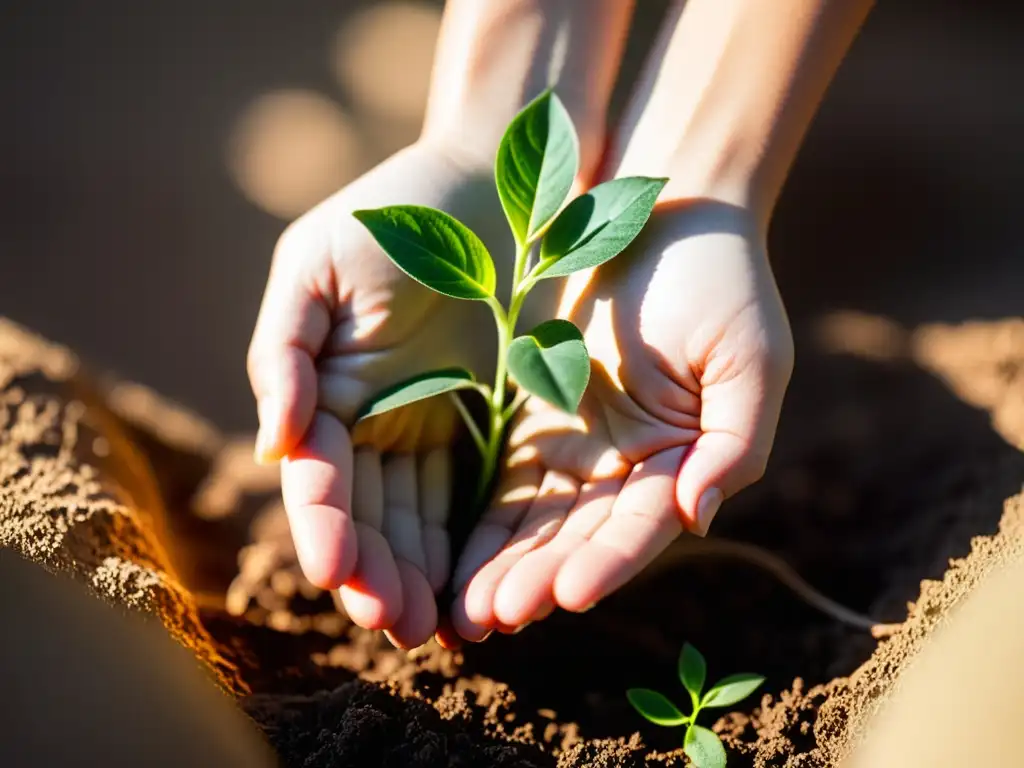 Manos cuidadosas sostienen planta delicada, conectando emocionalmente con la naturaleza