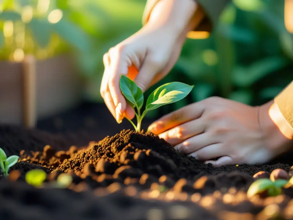 Unas manos cuidadosas plantan una plántula verde en un jardín terapéutico, brindando los beneficios de la horticultura terapéutica