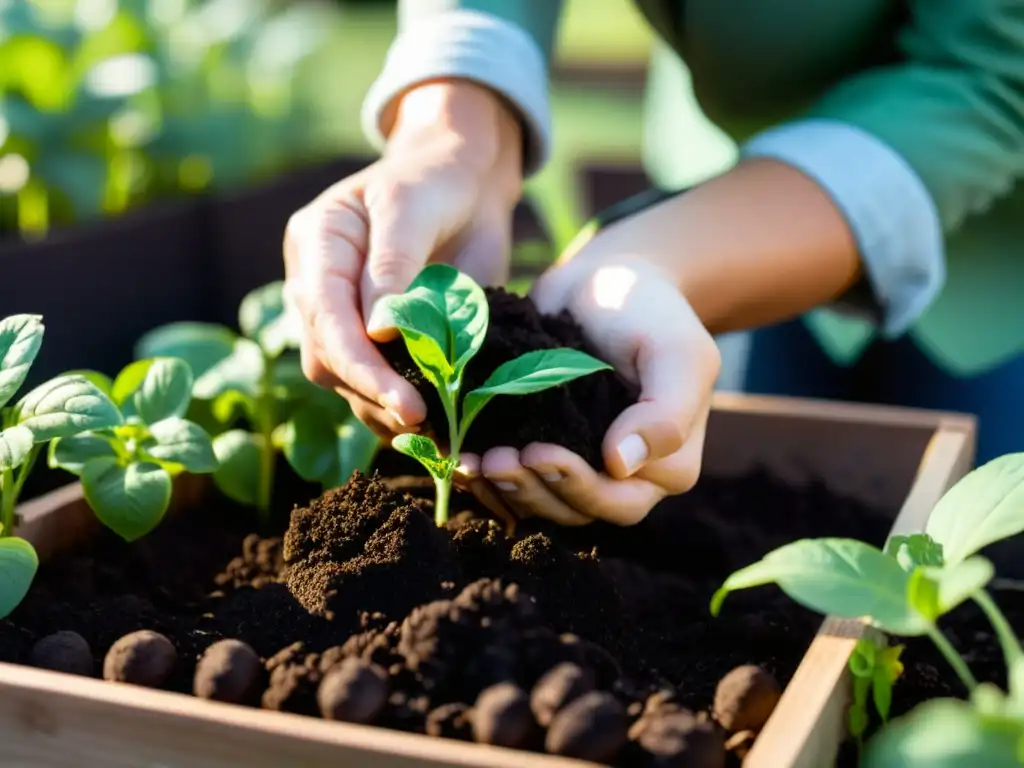 Manos cuidadosas plantan una plántula verde en un huerto urbano, mostrando la intimidad de cultivar vegetales urbanos