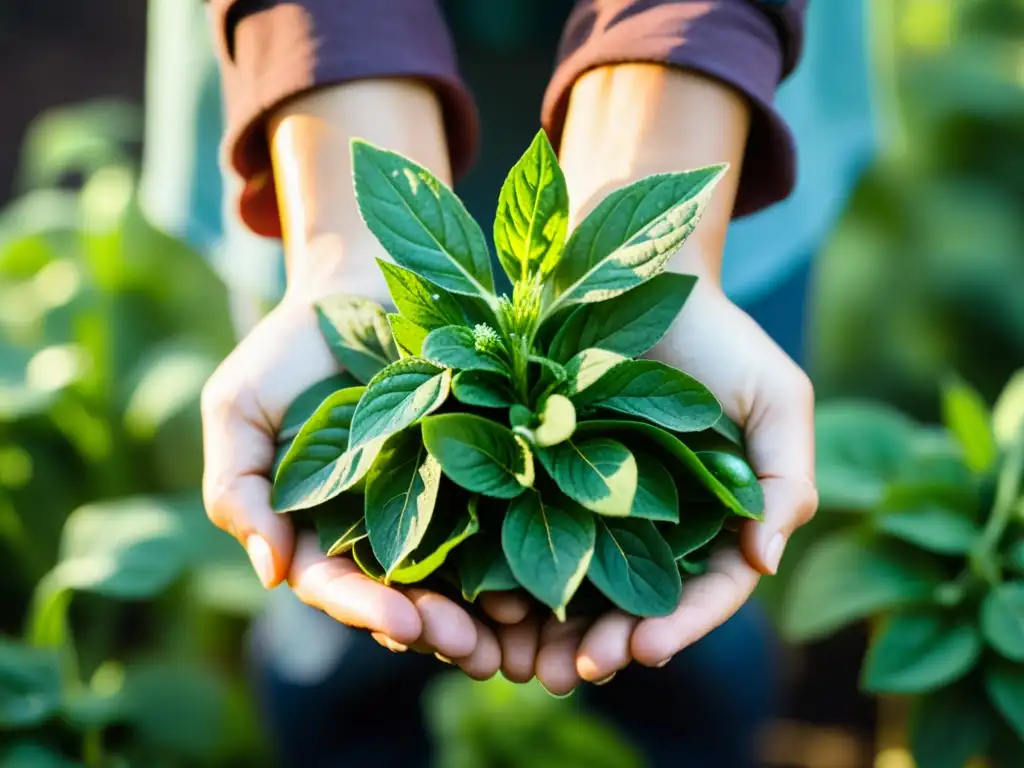 Manos cuidadosas sostienen productos naturales para detox ecológico, bañados por la luz del sol y salpicados de tierra y agua fresca