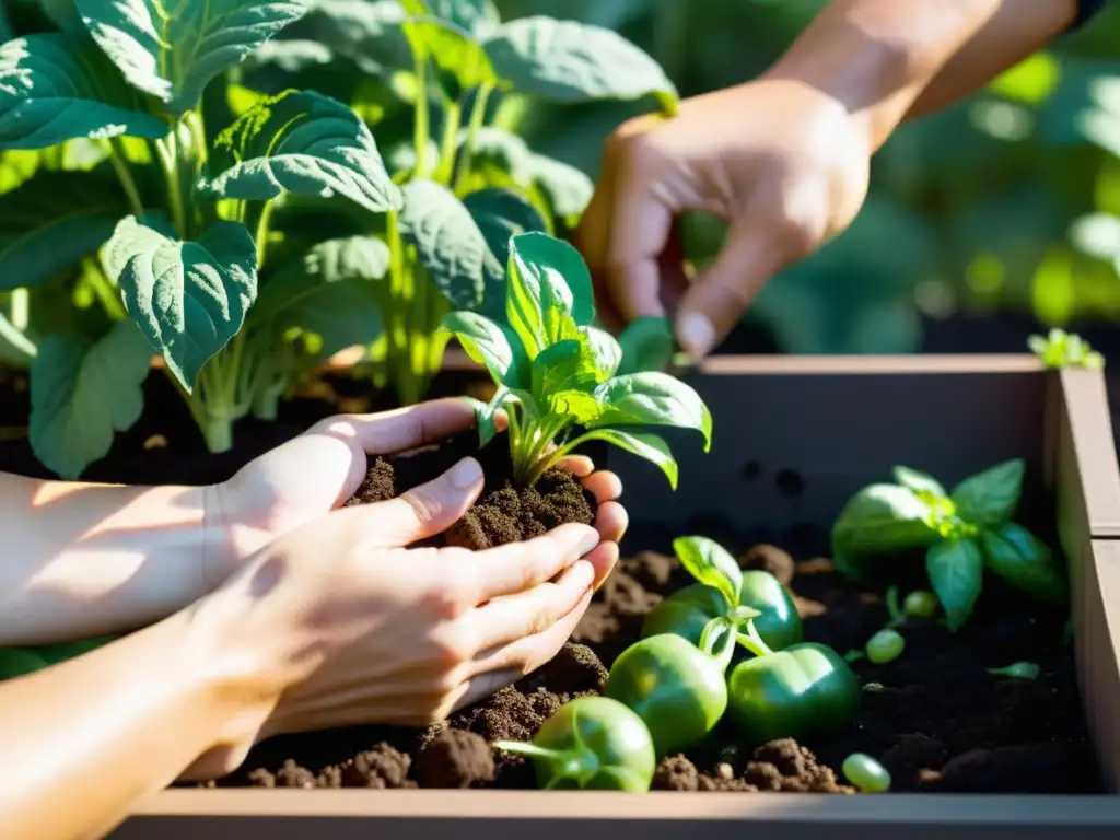 Manos cuidadosas plantan vegetales urbanos en jardín elevado, con ciudad de fondo