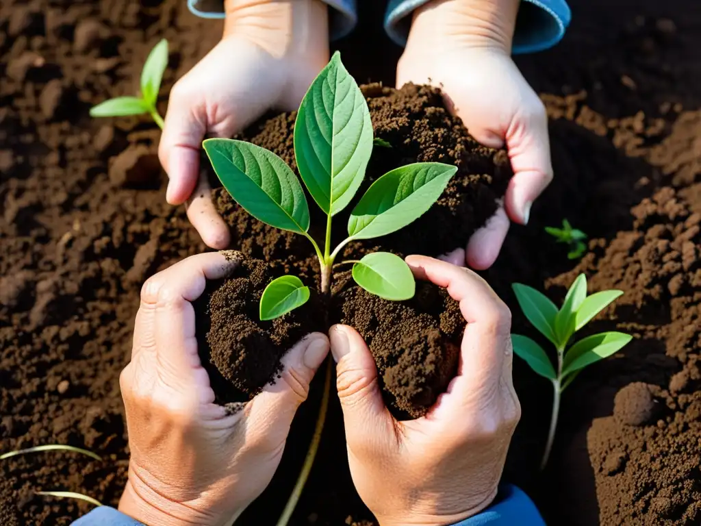 Dos manos dedicadas plantan con cuidado un árbol nativo en tierra rica, mostrando la restauración de hábitats mediante jardinería