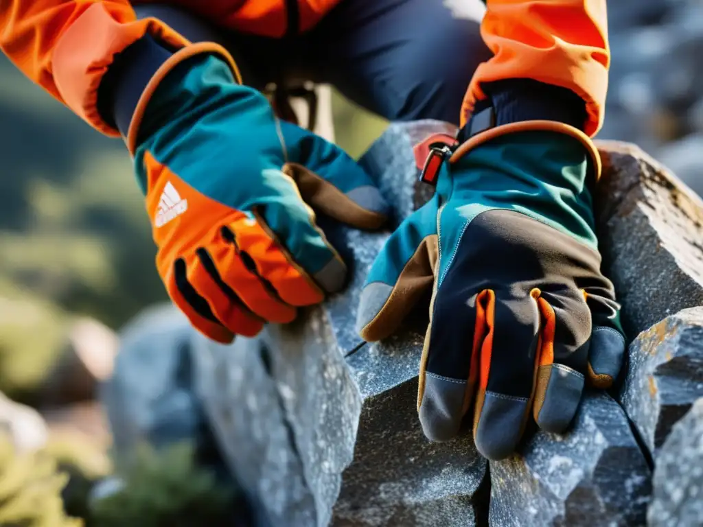 Manos de escalador con los mejores guantes para escalada en ecosistemas rocosos, mostrando precisión y resistencia en diferentes texturas de roca