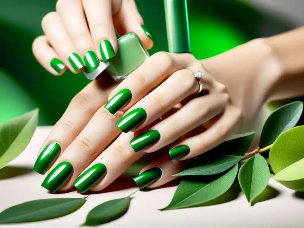 Manos aplicando esmalte verde ecológico en ambiente natural, ideal para marcas ecológicas para manicura sostenible