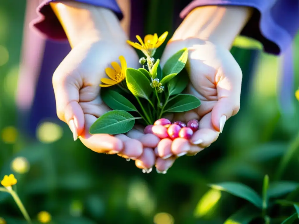 Manos femeninas sostienen flores silvestres con rocío, resaltando la belleza natural