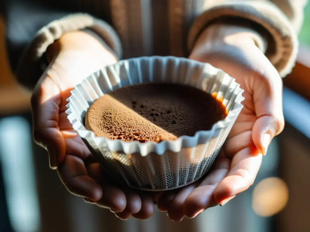 Las manos sostienen un filtro de café reutilizable lleno de café recién molido, con luz natural realzando los detalles